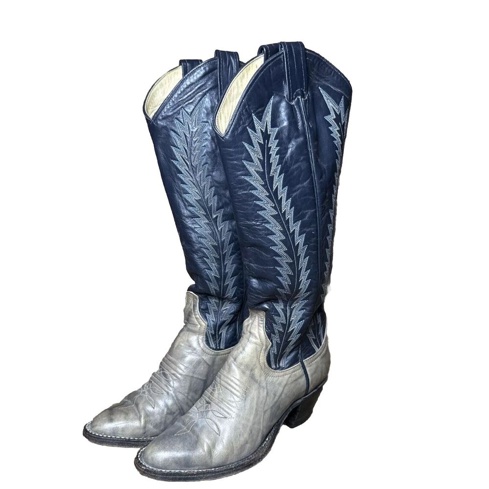 Larry Mahan Womens Knee High Cowboy Boots Size 6 B6N Leather Skin Black Blue - Picture 1 of 9